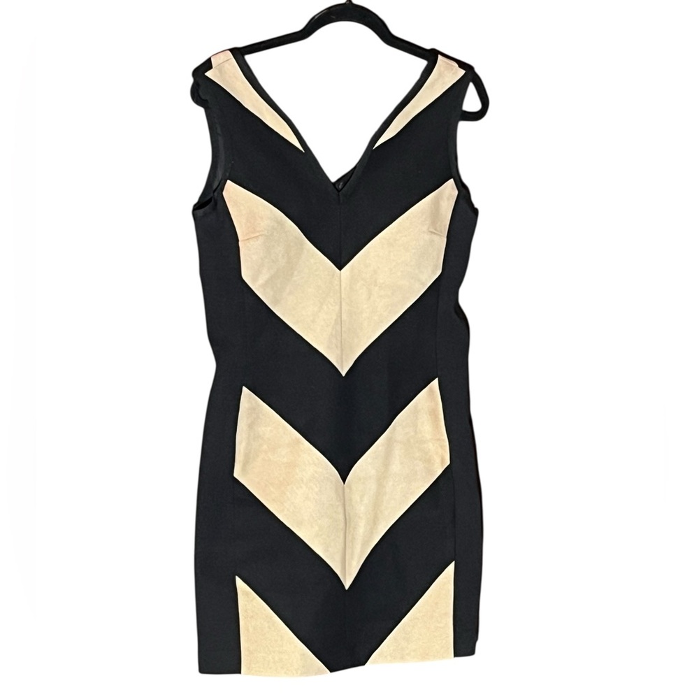 IRIS BLACK & TAN STRIPED BODYCON SLEEVELESS SHEATH MIDI DRESS GREAT COND 10